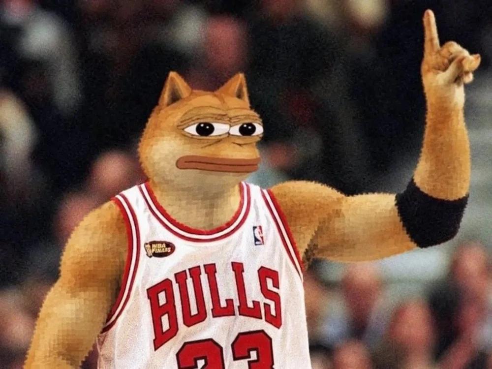 Doge Pepe wearing a Chicago Bulls number 23 jersey and raising one finger