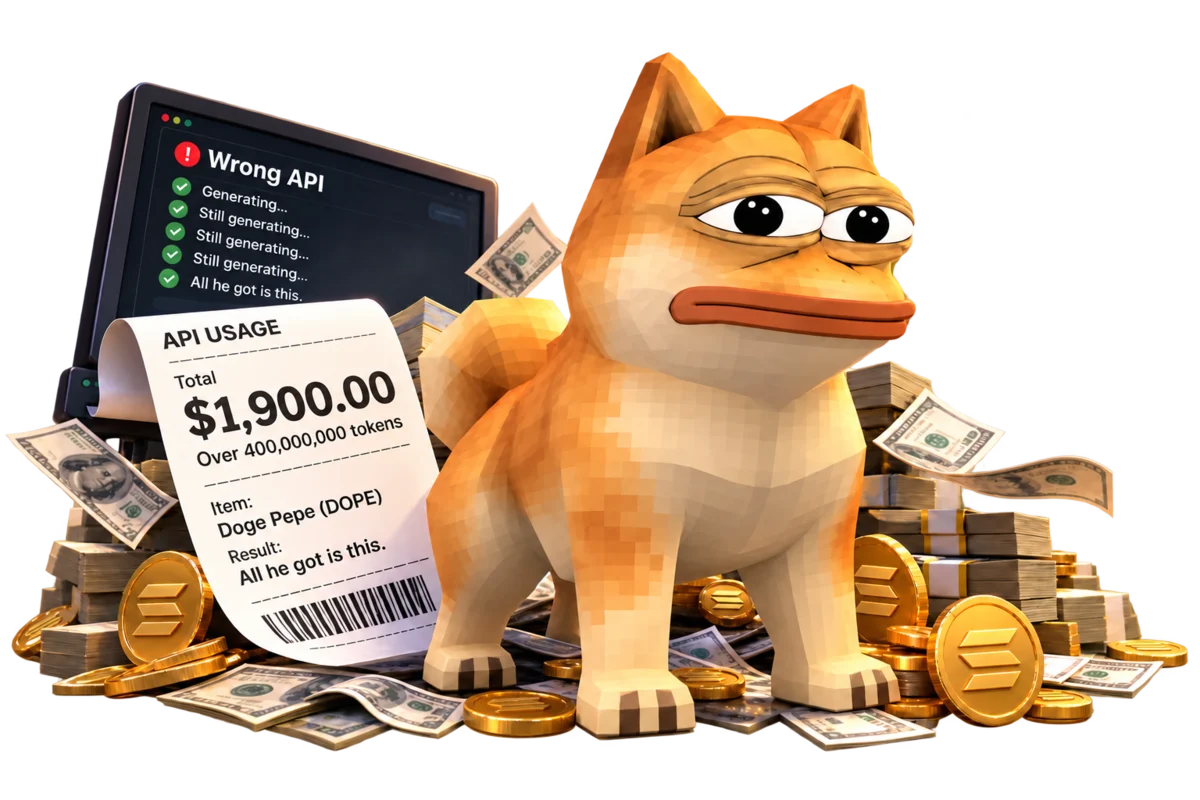 Doge Pepe on a pile of cash and Solana SOL coins with a $1,900 API receipt