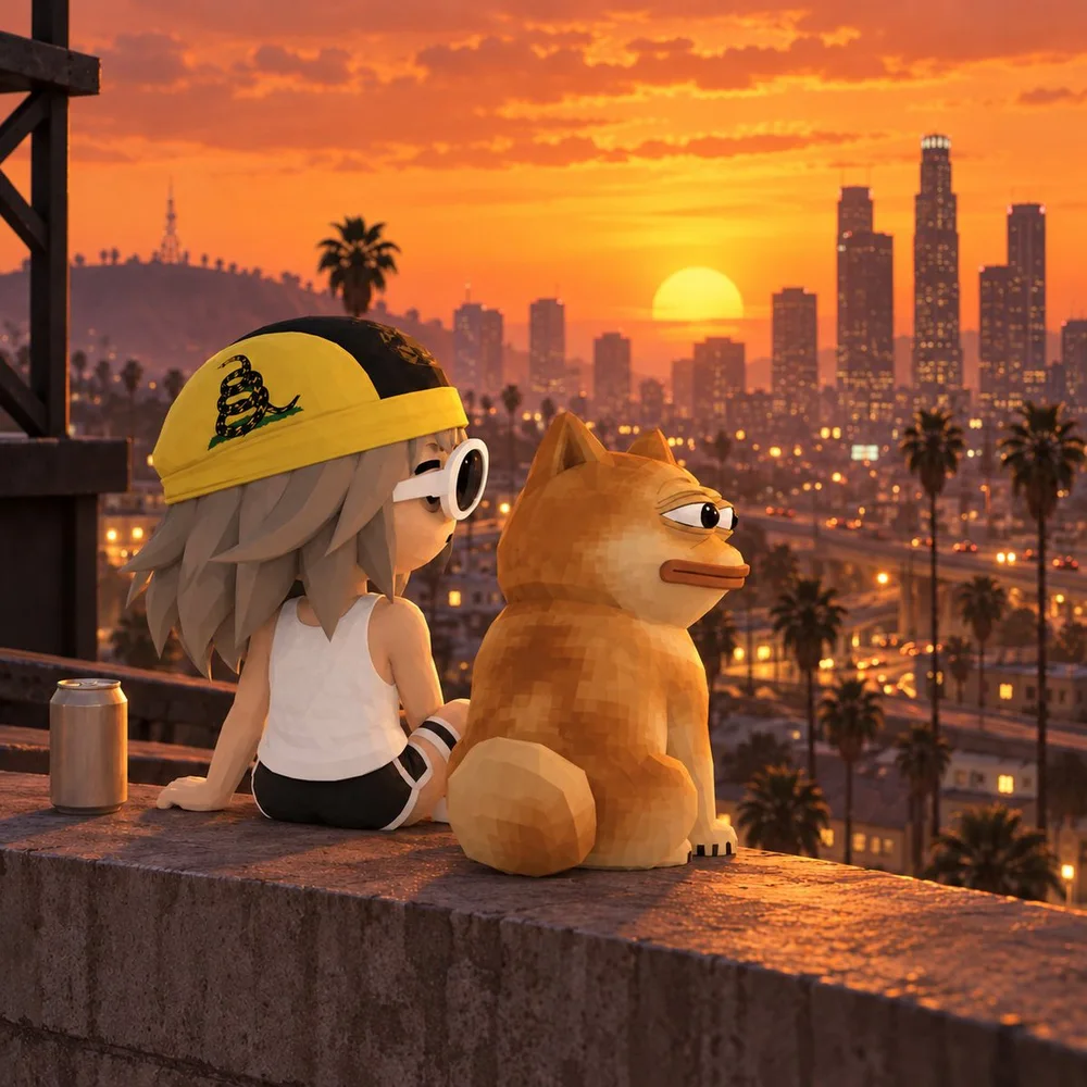 Doge Pepe on a rooftop at sunset, watching the city