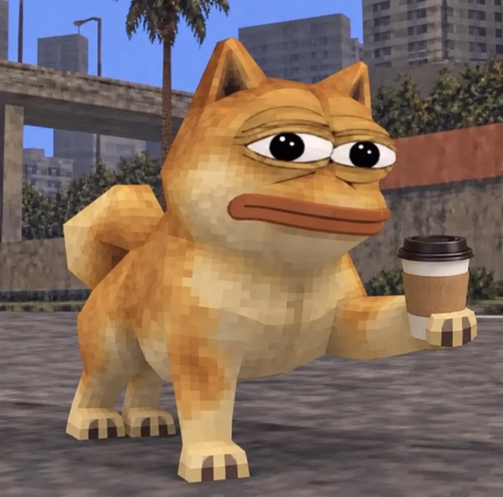 Doge Pepe holding a cup of coffee, starting another expensive day