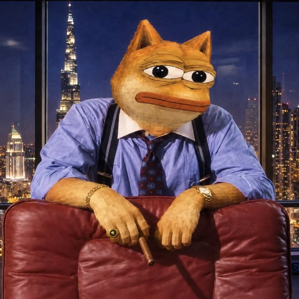 Doge Pepe seated in a sharp suit