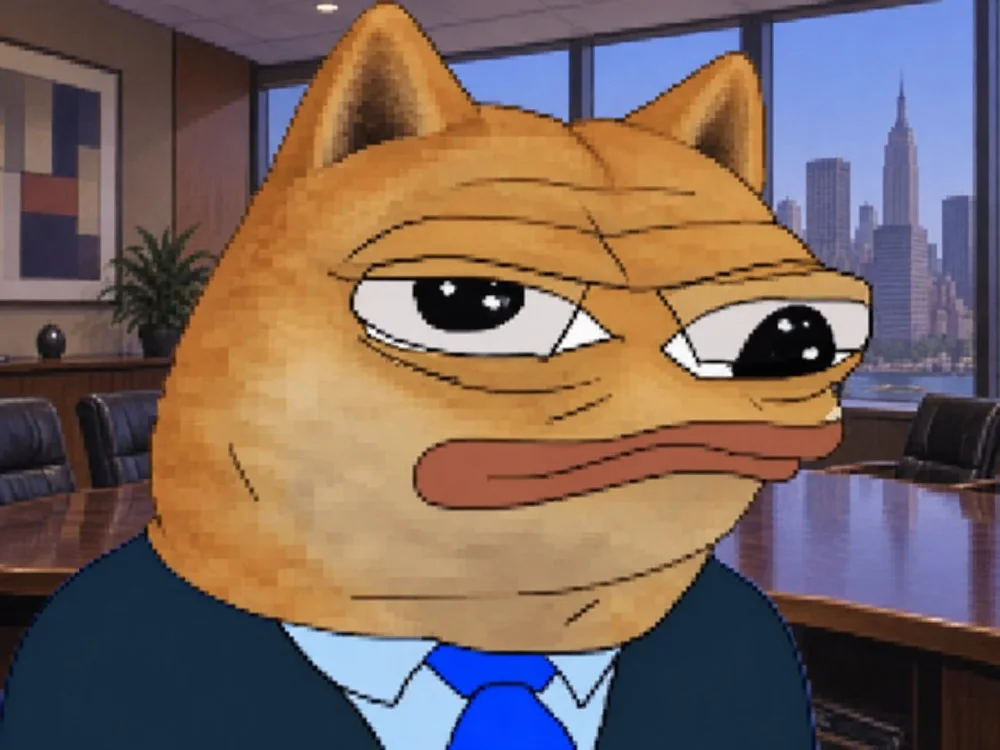 Doge Pepe in a suit at the office