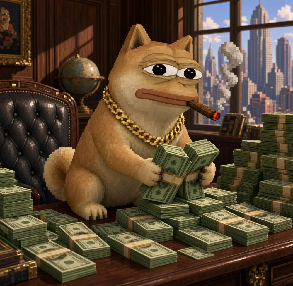 Doge Pepe with stacks of cash in the office