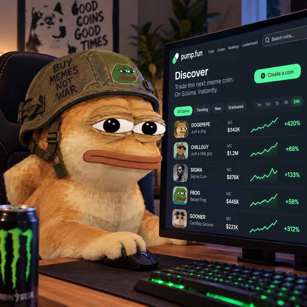 Doge Pepe at a trading desk watching the charts