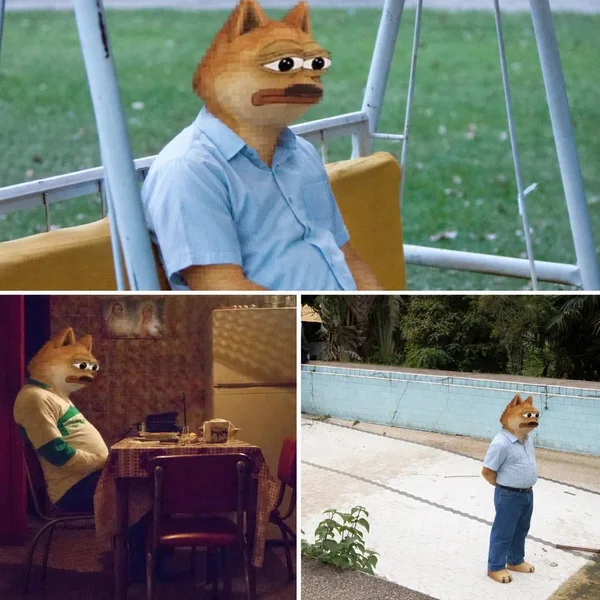 Doge Pepe playground meme in three panels