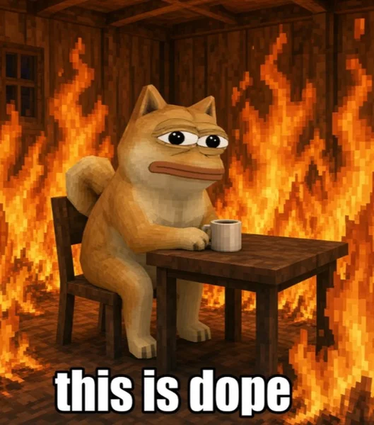 Doge Pepe sipping coffee in a burning room captioned This is dope