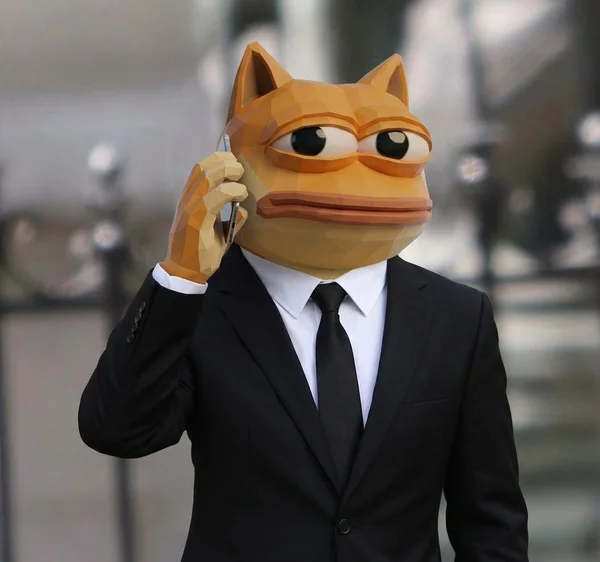 Doge Pepe in a black suit answering the phone