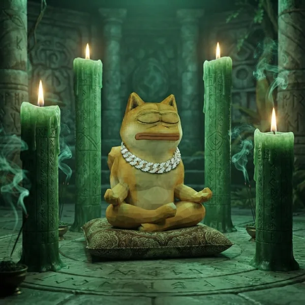 Doge Pepe statue surrounded by candles in a green temple