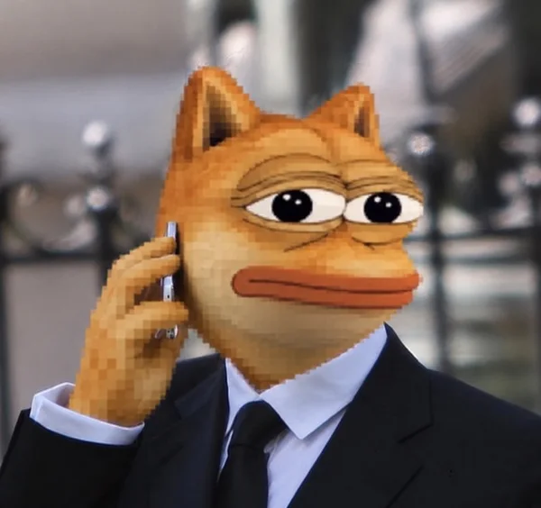 Doge Pepe in a navy suit talking on the phone