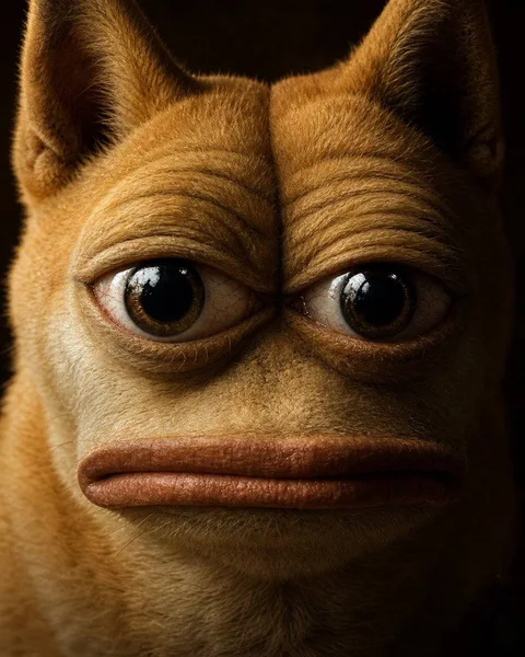 Doge Pepe close-up portrait with a tired expression