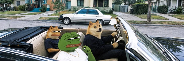 Doge and Pepe driving a convertible