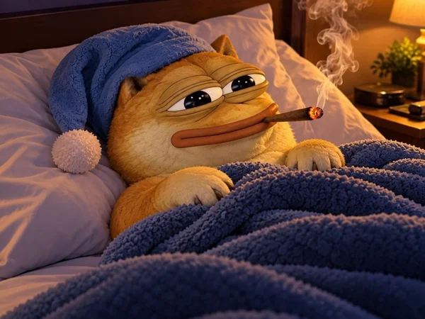 Doge Pepe tucked into bed in a blue nightcap