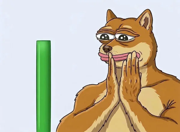 Doge Pepe celebrating a green trading candle