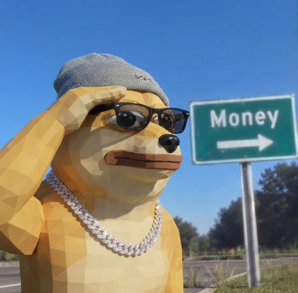 Doge Pepe wearing sunglasses beside a Money sign