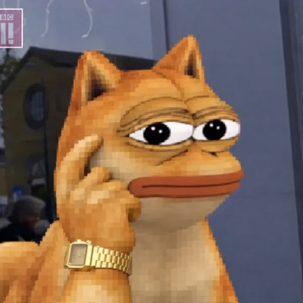 Doge Pepe wearing a gold watch and talking on the phone